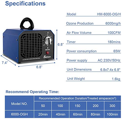 Generador de ozono Ozonizador 6000 MG/ h, Purificador de Aire Industrial para Dormitorio, Humo, Automóviles y Mascotas