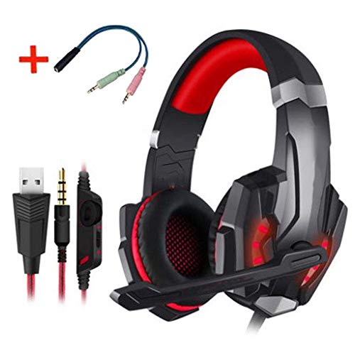 GFDGFDG - Auriculares de diadema con micrófono para PS4, PC, ordenador portátil, tableta, Mac, estéreo con cancelación de ruido, con almohadillas de memoria suave, luz LED, color rojo