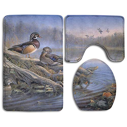 GGdjst Conjuntos de Alfombrilla de baño de 3 Piezas Cute Mandarin Duck Birds Wildlife Flannel Washable Non-Slip Bath Mat Contour Rug Toilet Lid Cover