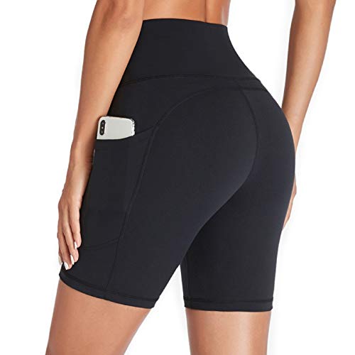 Gimdumasa Pantalones Cortos Deporte Mujer Cintura Alta Shorts Leggins Pantalones Cortos de Yoga para Correr Gym Fitness Mallas Deportivos con Bolsillos Laterales GI371 (Negro, M)