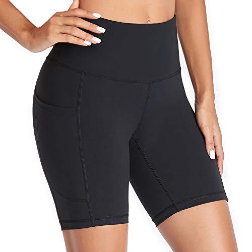 Gimdumasa Pantalones Cortos Deporte Mujer Cintura Alta Shorts Leggins Pantalones Cortos de Yoga para Correr Gym Fitness Mallas Deportivos con Bolsillos Laterales GI371 (Negro, M)