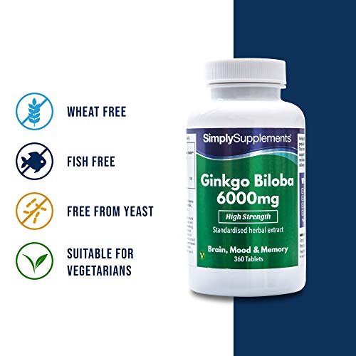 Ginkgo Biloba 6.000mg - ¡Bote para un año! - Apto para veganos - 360 comprimidos - SimplySupplements