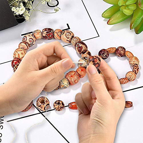 GOLRISEN Cuentas de Madera Manualidades 400 unidades Cuentas de Madera Natural con Patrones de Dibujo Diferentes Abalorios de Madera Perlas de Madera para Hacer Pulseras,Collares,Manualidades,Macramé