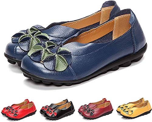 gracosy Mocasines para Mujer Primavera/Verano Vintage Flores Hechas a Mano Zapatos de Cuero Estilo Mocasines Cómodo Slip On Shoes Alpargatas Zapatos de Conducción Zapatos para Caminar