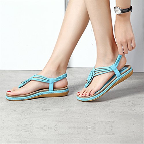 gracosy Sandalias Planas Verano Mujer Estilo Bohemia Zapatos de Dedo Sandalias Talla Grande Cinta Elástica Casuales de Playa Chanclas Romanas de Mujer 2019 Azul Negro Púrpura Rhinestone de Moda