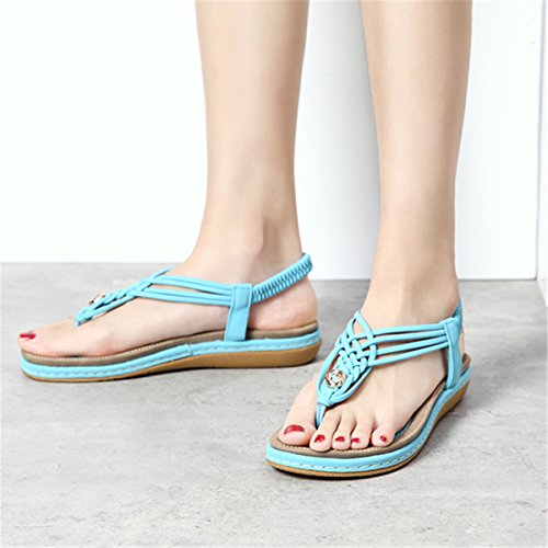 gracosy Sandalias Planas Verano Mujer Estilo Bohemia Zapatos de Dedo Sandalias Talla Grande Cinta Elástica Casuales de Playa Chanclas Romanas de Mujer 2019 Azul Negro Púrpura Rhinestone de Moda