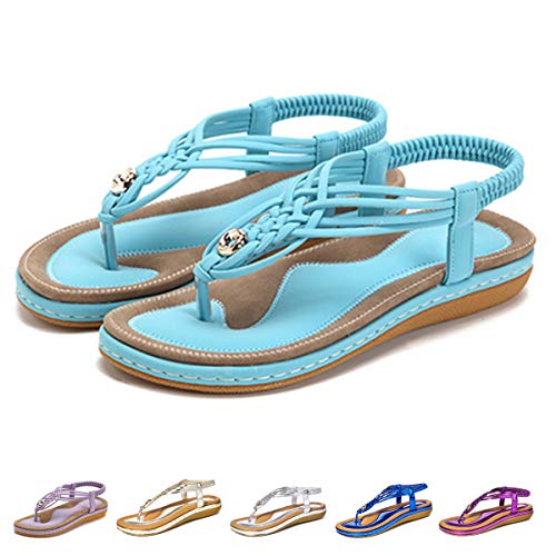 gracosy Sandalias Planas Verano Mujer Estilo Bohemia Zapatos de Dedo Sandalias Talla Grande Cinta Elástica Casuales de Playa Chanclas Romanas de Mujer 2019 Azul Negro Púrpura Rhinestone de Moda