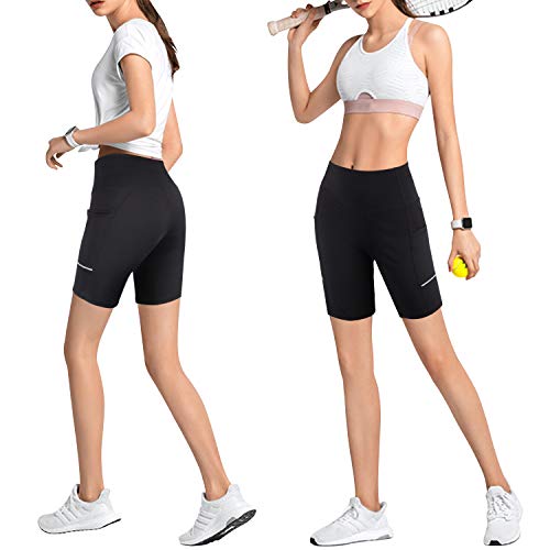 GRAT.UNIC Pantalón Corto Deportivo para Mujer, Running Pantalones Cortos de Yoga con Bolsillo Lateral, Fitness Mallas Deportivas (Negro, M)