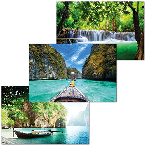 GREAT ART Juego de 3 Carteles XXL – Imágenes de Tailandia – Cascada Barco Cola Larga trópicos bahía Selva diseño decoración de la Pared decoración de Interiores Cada 140 x 100 cm