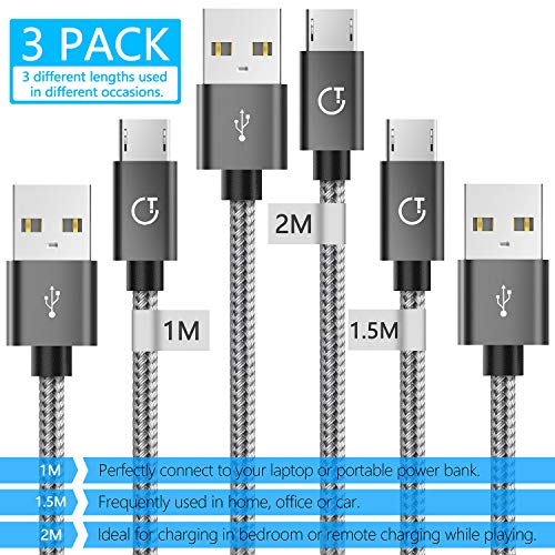 Gritin Cable Micro USB 3 Pack-1M/1.5M/2M,Carga Rápida Trenzado de Nylon Cargador Micro USB para Galaxy, Kindle, Nexus y más