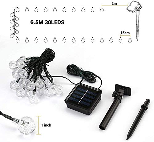 Guirnaldas Luces Exterior Solar, Hatonky 6.5M/21.3FT 30LED 8 Modos Cadena de Bola Cristal Luz, Guirnalda Solar LED Bola de Cristal Luces Decoracion para Navidad Terraza Hogar Jardín Arboles Patio