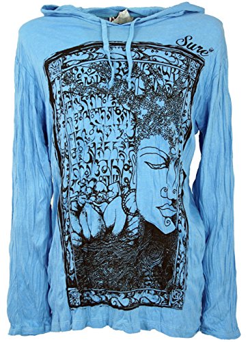 GURU-SHOP, Camisa Manga Larga Sure, Camisa con Capucha Mantra Buddha, Azul Claro, Algodón, Tamaño:XL, Camisetas Seguras