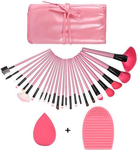 GUSODOR Profesional 24 pcs/set Pinceles de cosméticos multifunción Powder Set de pinceles de maquillaje cosmético y negro/rosa Funda de cuero de la PU Sponge Puff+pincel de limpieza de color rosa