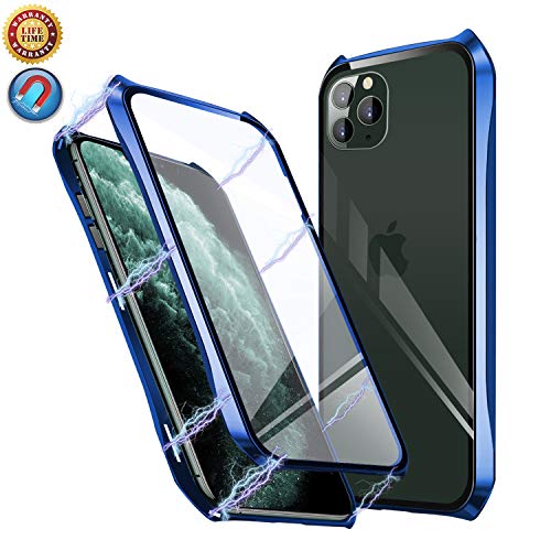 Haobuy Magnética Funda para iPhone 11 Pro, Carcasas Transparente Vidrio Templado Doble Cara Marco metálico, Funda Completa 360 Protectora Estuche para iPhone 11 Pro 5.8" [Azul]