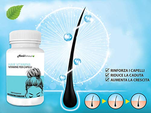 HerbAmour HAIR VITAMINS I Vitaminas Para El Cabello Mujer I 120 Pastillas Alta Dosis De Biotina Anticaida, Para Belleza Y Crecimiento Pelo I Formulación Innovadora, Tratamiento Biotin Para 4 Meses