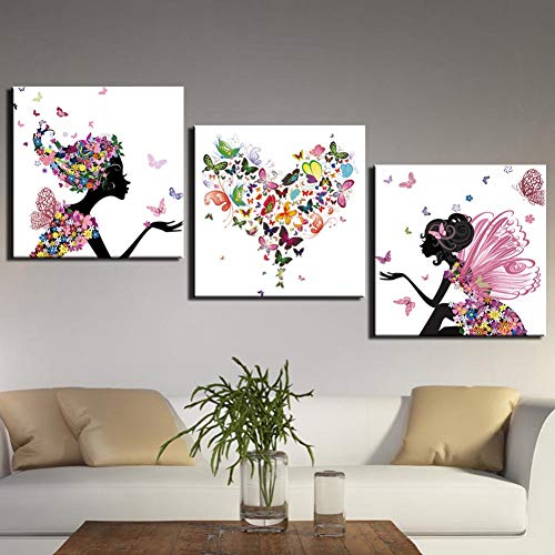 HGKJDL 3 Cuadros consecutivos Arte en Lienzo Impreso en la Pared Arte Mariposa Amor Cuadros Pinturas para Dormitorio 3 Piezas Abstracto Chica Amor corazón Cartel Moderno  40 * 40 Sin Marco