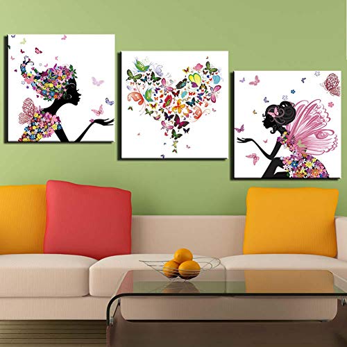 HGKJDL 3 Cuadros consecutivos Arte en Lienzo Impreso en la Pared Arte Mariposa Amor Cuadros Pinturas para Dormitorio 3 Piezas Abstracto Chica Amor corazón Cartel Moderno  40 * 40 Sin Marco