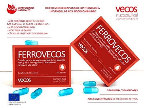 Hierro con ácido fólico y tecnología liposomial de alta biodisponibilidad para proteger de la irritación intestinal – Vitaminas A, B6, B12 y C para una mayor absorción –Aptas para Veganos– 30 cápsulas