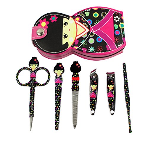 Hillent adorables muñeca patrón acero inoxidable manicura personal pedicura conjunto con funda de cuero profesional, kit de aseo de viaje, conjunto de 12, muñeca japonesa