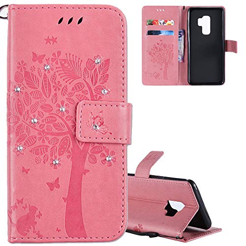 HMTECH Galaxy S9 Plus Funda Flip PU Cuero Carcasa Wallet Cierre Magnético Función de Soporte Billetera con Tapa para Tarjetas con Business Card Holder Samsung Galaxy S9 Plus,Diamond Pink Wishing Tree