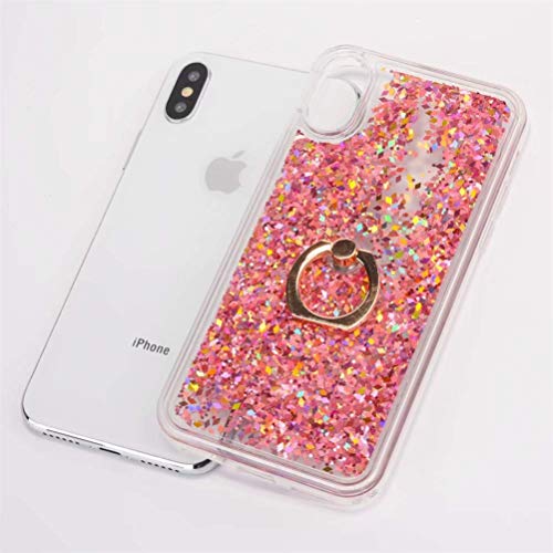 HMTECH iPhone XS Funda Brillo Bling Líquido Arenas movedizas Diamante blando TPU Silicona + Difícil PC Espalda Carcasa Case con soporte de anillo giratorio 360 para iPhone X,Diamond Liquid Pink