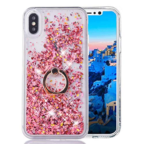 HMTECH iPhone XS Funda Brillo Bling Líquido Arenas movedizas Diamante blando TPU Silicona + Difícil PC Espalda Carcasa Case con soporte de anillo giratorio 360 para iPhone X,Diamond Liquid Pink