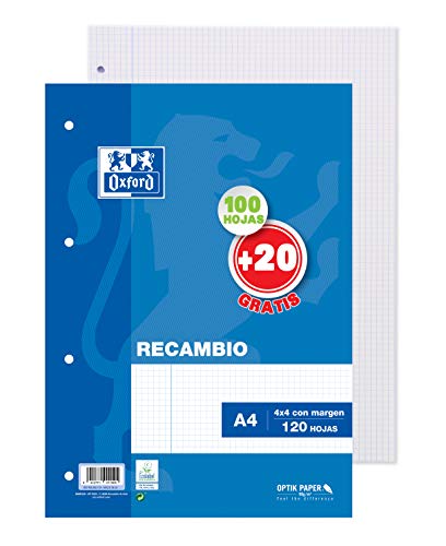 Hojas cuadriculadas A4 Recambio Oxford. 100+20 hojas. Cuadrícula 4x4.