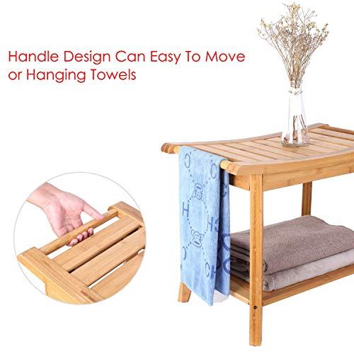 HOMECHO Tabuerte de Ducha de Bambú con Estante para Almacenamiento y Caja de Jabón Taburete de Baño Ergonómico y Antideslizante para Baño 60 x 33 x 46cm