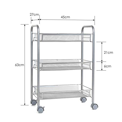 HOMFA Carrito Auxiliar con Ruedas y 3 Bandejas de Malla Metálica para Cocina Baño salón Plata 45x27x63cm