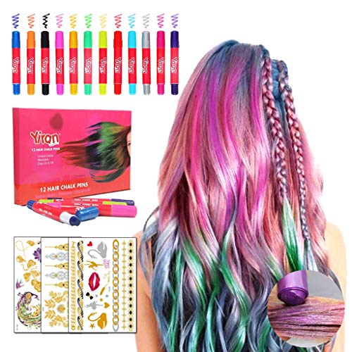 HONGCI 12 Plumas de Colores Brillo Temporal de Plumas de Tiza para el Cabello+3 Tatuaje Temporal metálico,para Disfraces,Rendimiento,Halloween, Cosplay DIY,Regalos de Fiesta de cumpleaños