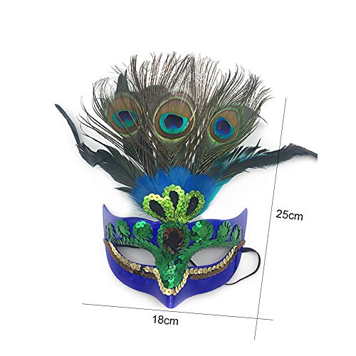 Hou Zhi Liang Máscara de maquillaje para graduación, plumas de pavo real, máscara, máscara veneciana para mujer, color azul