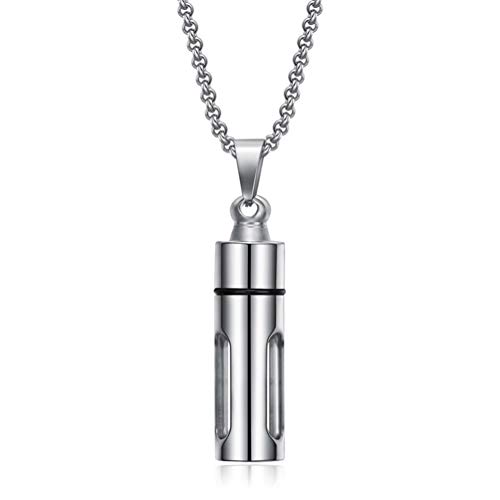 HQLCX La Aromaterapia Hombres de Cristal del Cilindro Perfume del Aceite Esencial del Collar Pendiente de La Cremación de Acero Inoxidable Masculino Gargantilla de Joyería,Plata