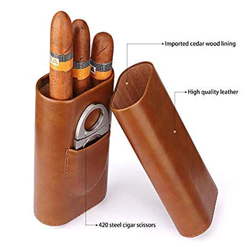 Humidificador de Cuero Marrón de Tres Dedos de Alta Calidad, Humidificador de Cigarros Forrada en Madera de Cedro Hecha a Mano, Equipado con Cortador de Cigarros de Acero Inoxidable Plateado