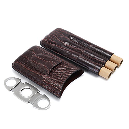 Humidor puros,Estuche para 3 Cigarrillos,Estuche de cigarro,cortador de acero inoxidable de primera calidad incluido,Cuero de PU de cocodrilo,Regalo perfecto para hombres