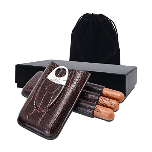 Humidor puros,Estuche para 3 Cigarrillos,Estuche de cigarro,cortador de acero inoxidable de primera calidad incluido,Cuero de PU de cocodrilo,Regalo perfecto para hombres