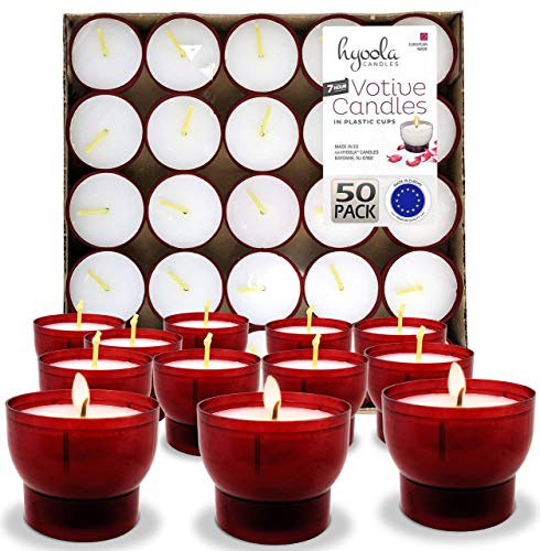 Hyoola Velas pequeñas sin perfume – Copa de plástico rojo – 7 horas (Paquete de 50)