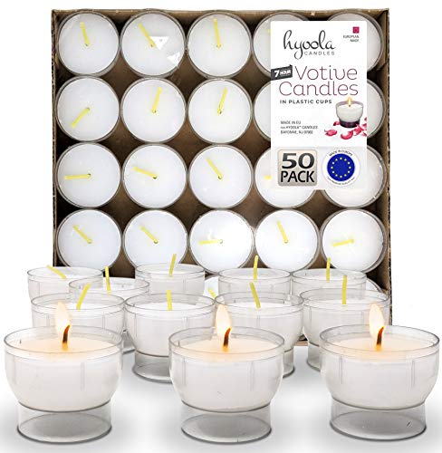 Hyoola Velas pequeñas sin perfume – Copa de plástico transparente – 7 horas (Paquete de 50)