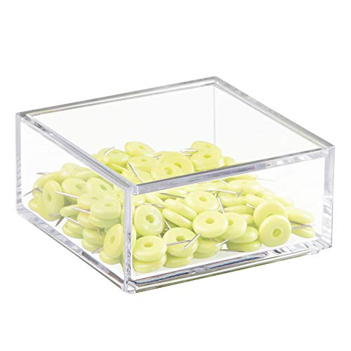 iDesign Organizador de maquillaje con tapa (10,2 x 10,2 x 5,1 cm), caja de belleza pequeña en plástico sin BPA, organizador de cosméticos apilable de acrílico, transparente