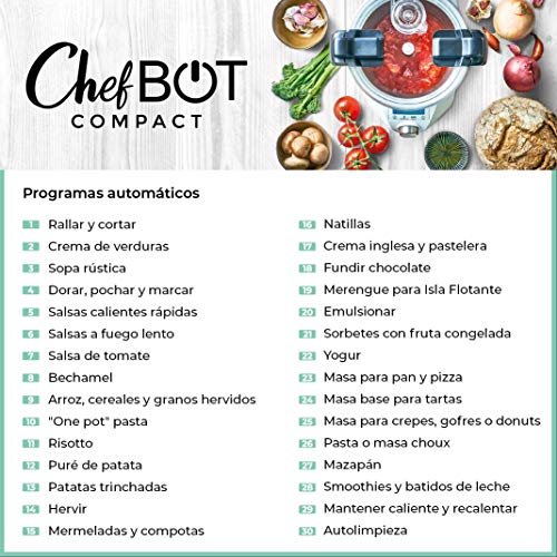 IKOHS CHEFBOT Compact STEAMPRO - Robot de Cocina Multifunción, Cocina al Vapor, 23 Funciones, 10 Velocidades con Turbo, Bol Acero Inoxidable 2,3 L, Libre BPA (con Vaporera y Recetario - Blanco)