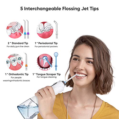 Irrigador Dental Portátil con 5 Boquillas, Wayin Multifuncional Irrigador Bucal Profesional 240ml con 5 Modos, Batería Recargable USB, Limpieza de Ortodoncia y de Implante, IPX7 impermeable