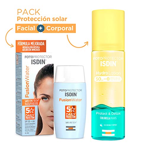 ISDIN Fusion Water Fotoprotector Facial SPF 50, de Fase Acuosa para Uso Diario, Textura Ultra Ligera + Fotoprotector ISDIN HydroLotion SPF 50 | PROTECT & DETOX | Hidratante, Piel radiante | 200 ml