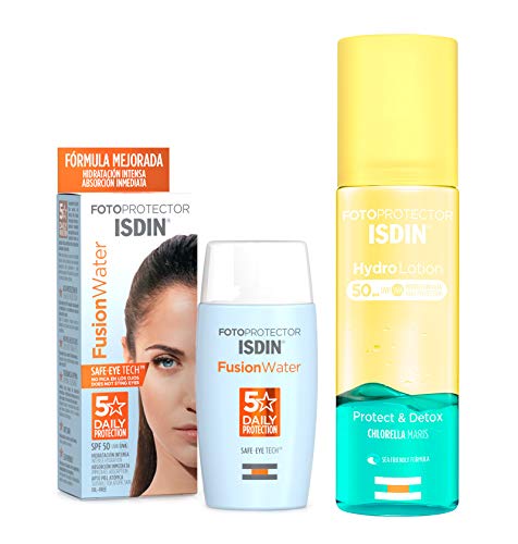 ISDIN Fusion Water Fotoprotector Facial SPF 50, de Fase Acuosa para Uso Diario, Textura Ultra Ligera + Fotoprotector ISDIN HydroLotion SPF 50 | PROTECT & DETOX | Hidratante, Piel radiante | 200 ml