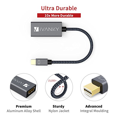 iVANKY Mini DisplayPort a HDMI Adaptador Thunderbolt (Mini DP) HDMI Nylon Adaptador para MacBook Air/Pro, Microsoft Surface Pro, Monitor, Proyector y Otros - 20cm, Gris