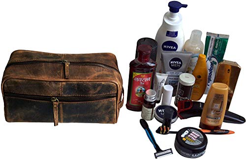 Jaald Bolsa Maletín Estuche Neceser De Cuero Piel para Aseo Baño Kit Afeitar Maquillaje Cosmético Medicinas Impermiable Regalo Bolso Hombre Leather Toiletry Bag Dopp Regalo De Padrinos De Boda