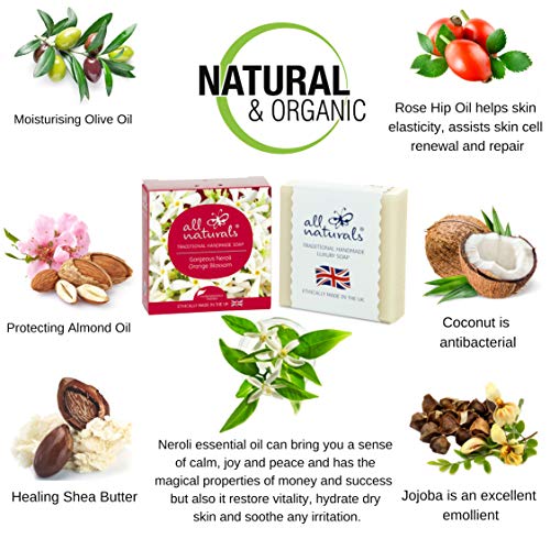 Jabón de neroli 100% natural para manos y cara, con aceite de oliva para pieles sensibles, enriquecido con manteca de karité, coco virgen, jojoba y aceites esenciales terapéuticos, 100g