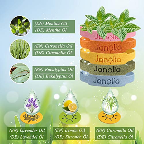 Janolia Set de Pulseras de Citronela, 12 Pulseras & 32 Pegatinas, Ajustables para los Niños y Adultos, Pegatinas Pueden Pegar en Ropas de Niños