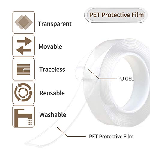 Jeteven Cinta Adhesiva Lavable, Reutilizable Nano Tape, Cinta Doble Cara Extra Fuerte, Cinta de Doble Cara Multifuncional Cinta Adhesiva Extraíble transparente 9.84FT