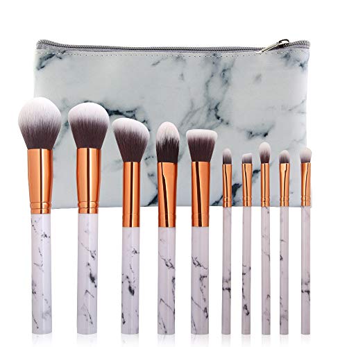 Jingya 10 Piezas de Maquillaje Conjunto Cepillo patrón de mármol Cepillo de Maquillaje para Polvo Rubor Corrector Crema o Productos minerales Bolsa de Maquillaje de Viaje Incluido