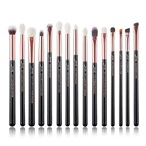 Juego de 15 pinceles profesionales de maquillaje de Jessup, pinceles con cerdas sintéticas con mango de madera, ideales para cosmética, pestañas, sombras, color negro perla oro rosado T157