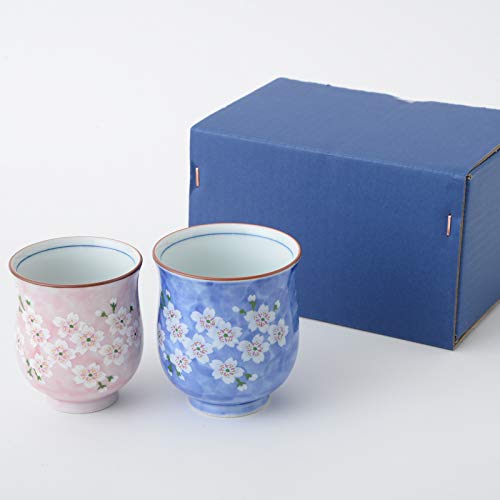 [Juego de 2 tazas] japonés Yoshida-yaki taza de té Yunomi de porcelana, taza estilo restaurante, diseño de flores para parejas, fabricado en Japón, rosa y azul 999992477